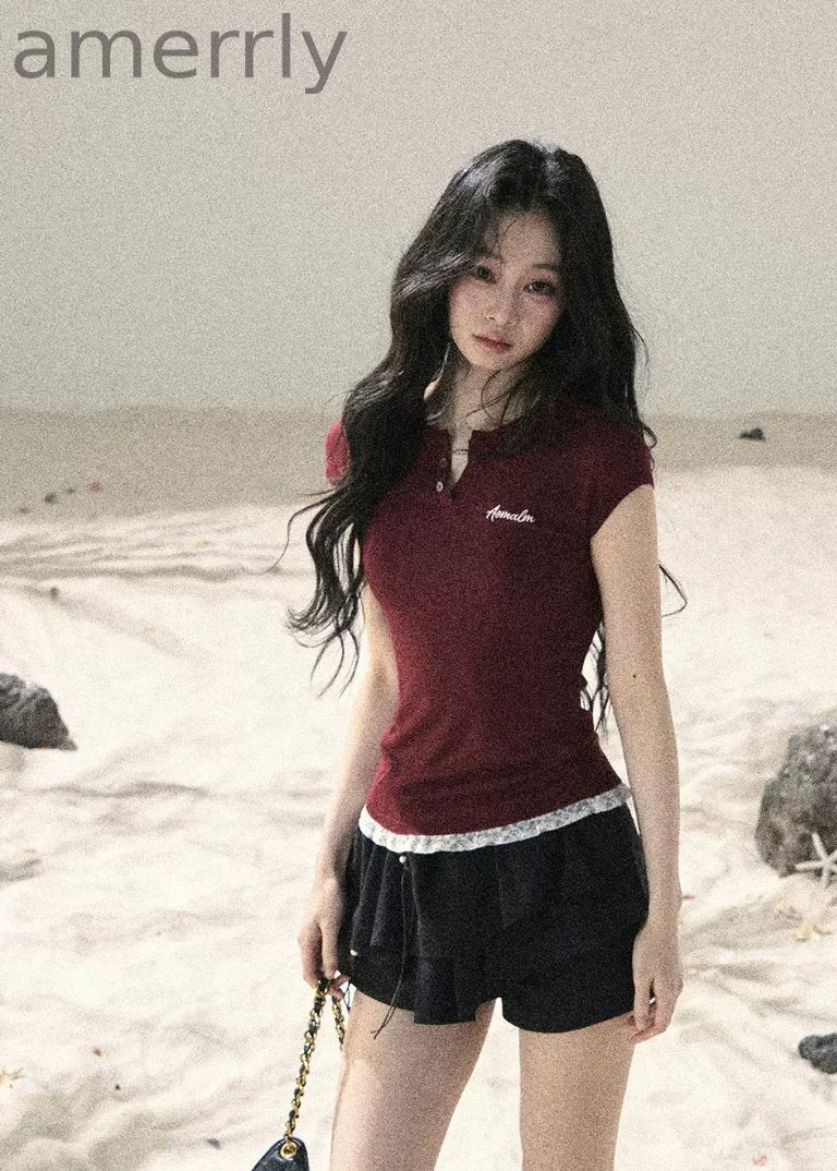 Langyu Letter Lace-Hem Baby Tee