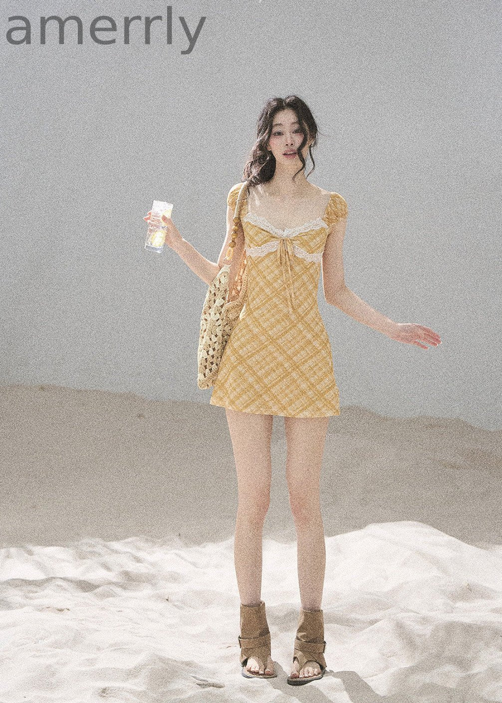 Golden Wheat Lace-Trim Mini Dress