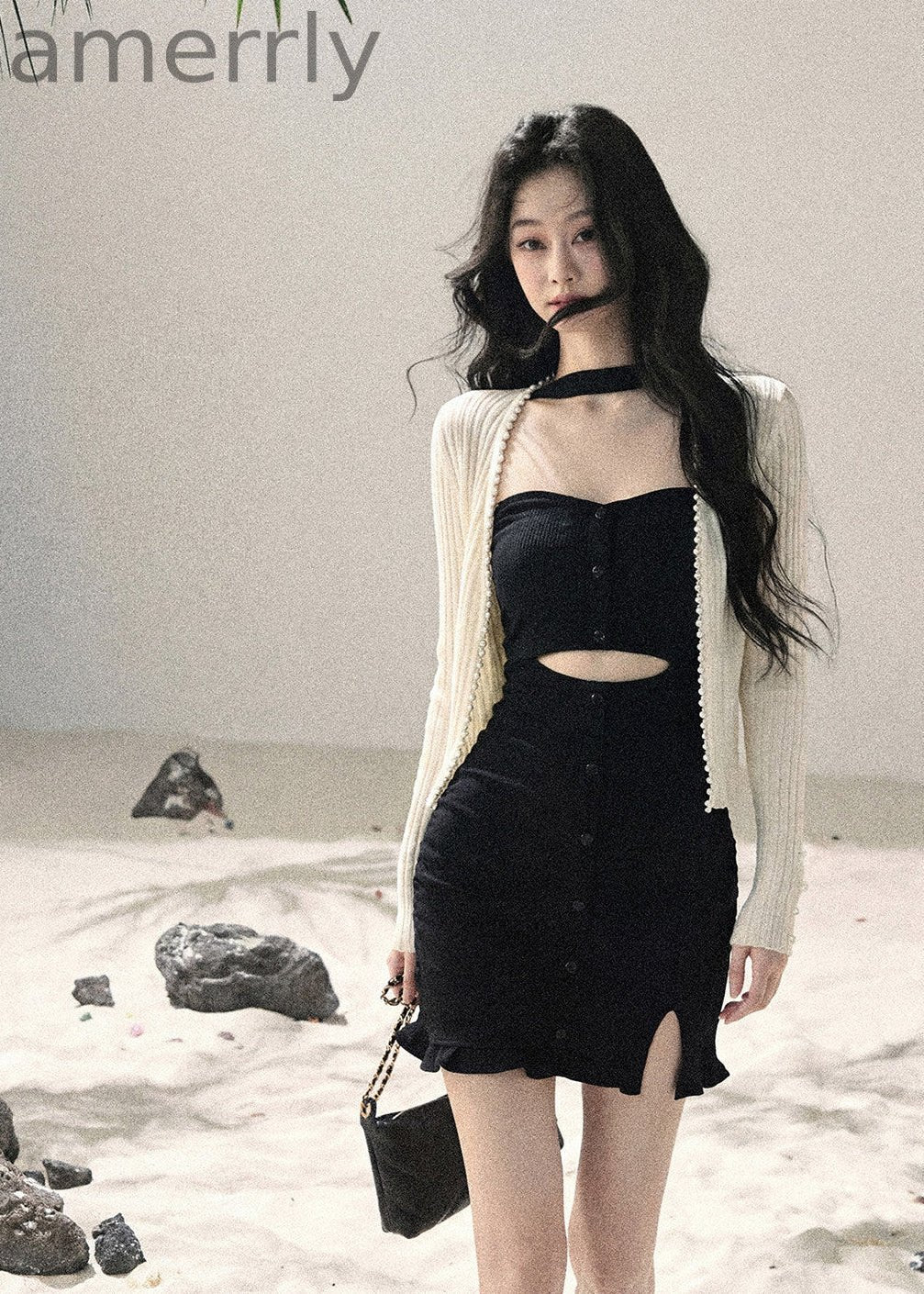 Light & Shadow Halter Cutout Knit Mini Dress