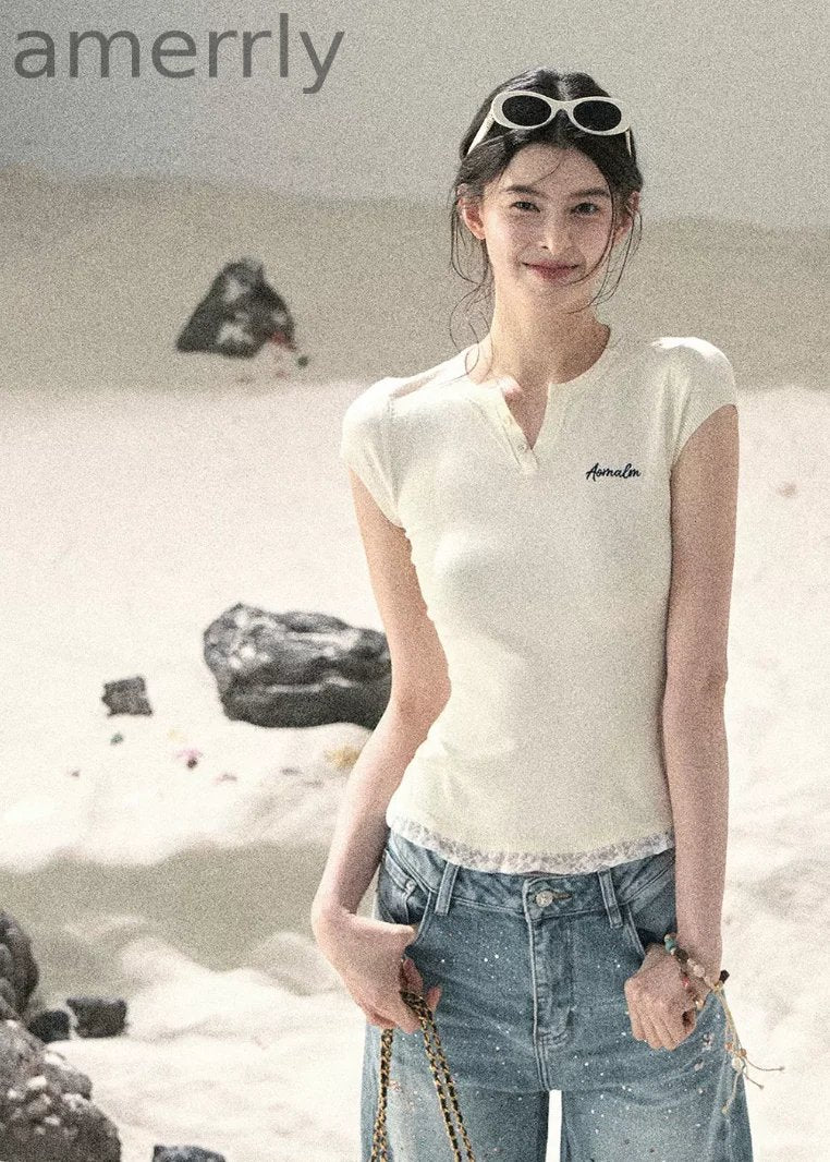 Langyu Letter Lace-Hem Baby Tee