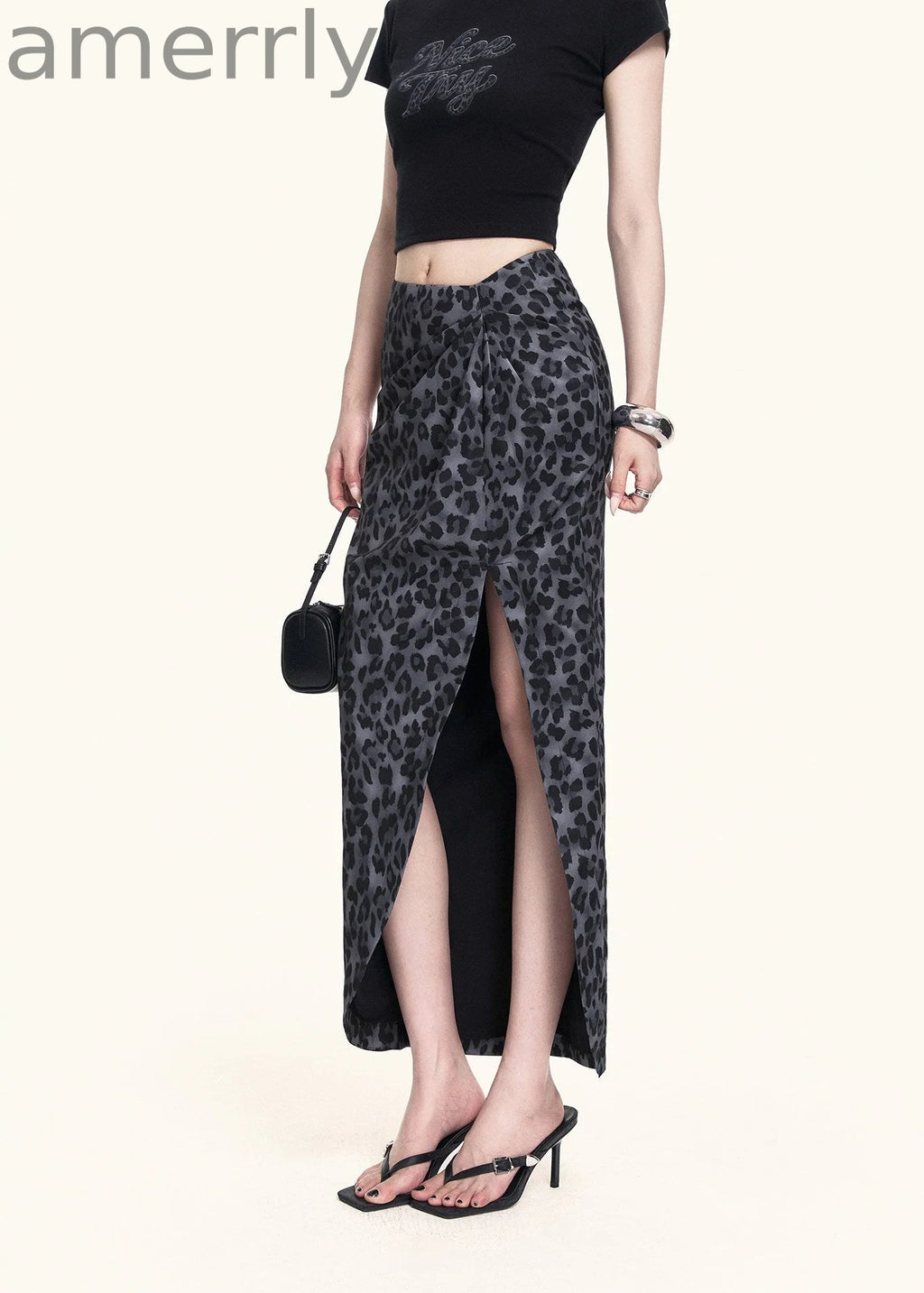 Leopard Slit Skirt & Crop Tee Set