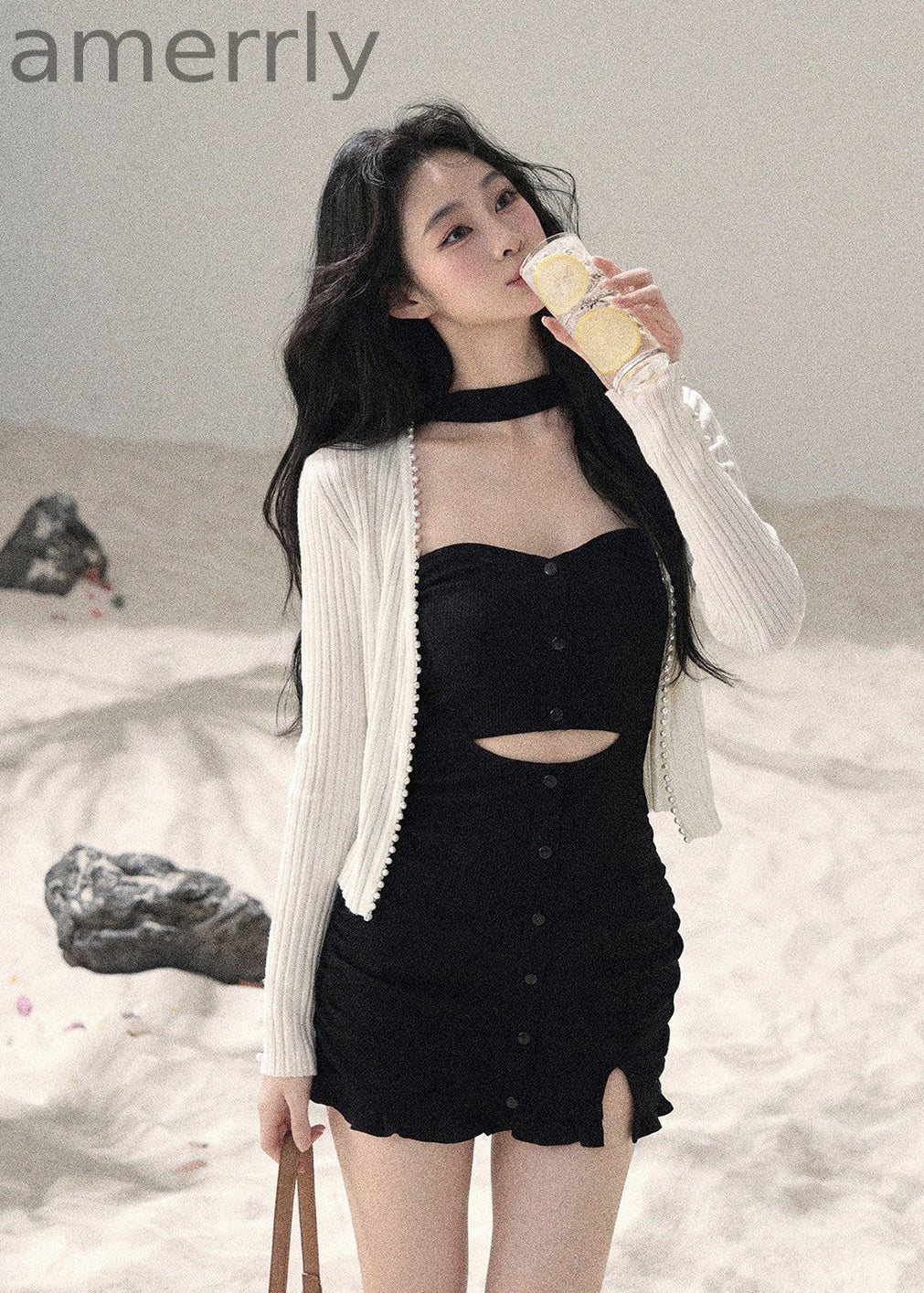 Light & Shadow Halter Cutout Knit Mini Dress