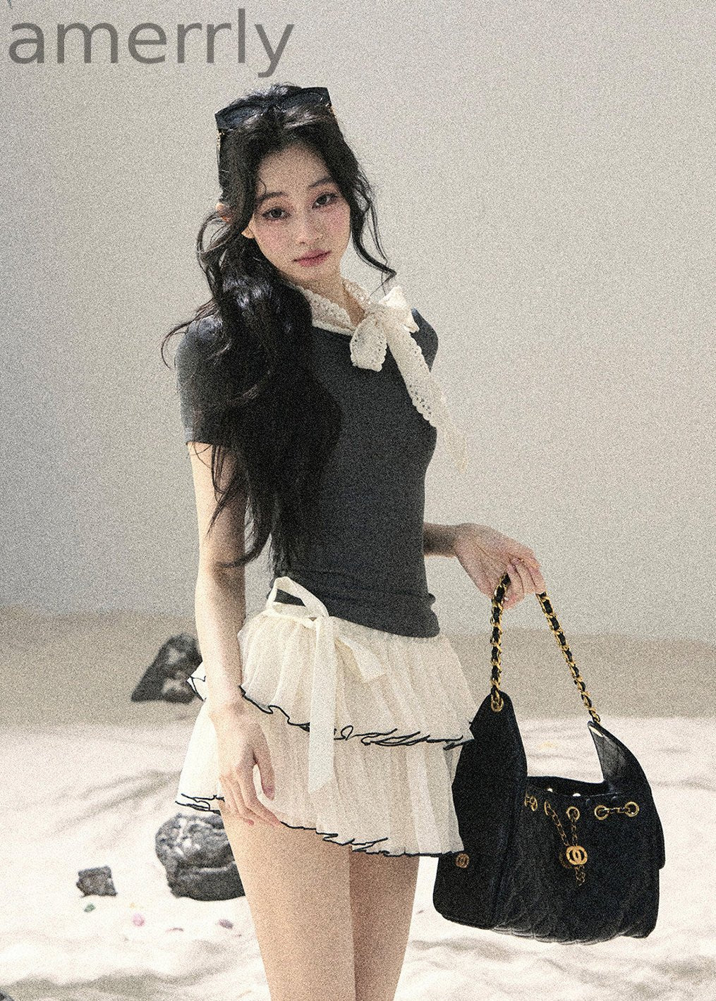 Gray Shadow Lace Bow Fitted T-Shirt