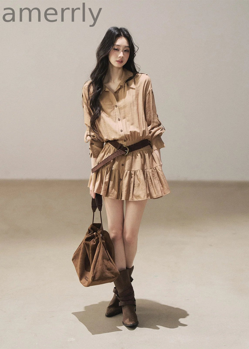 Golden Wheat Lapel Dress Set