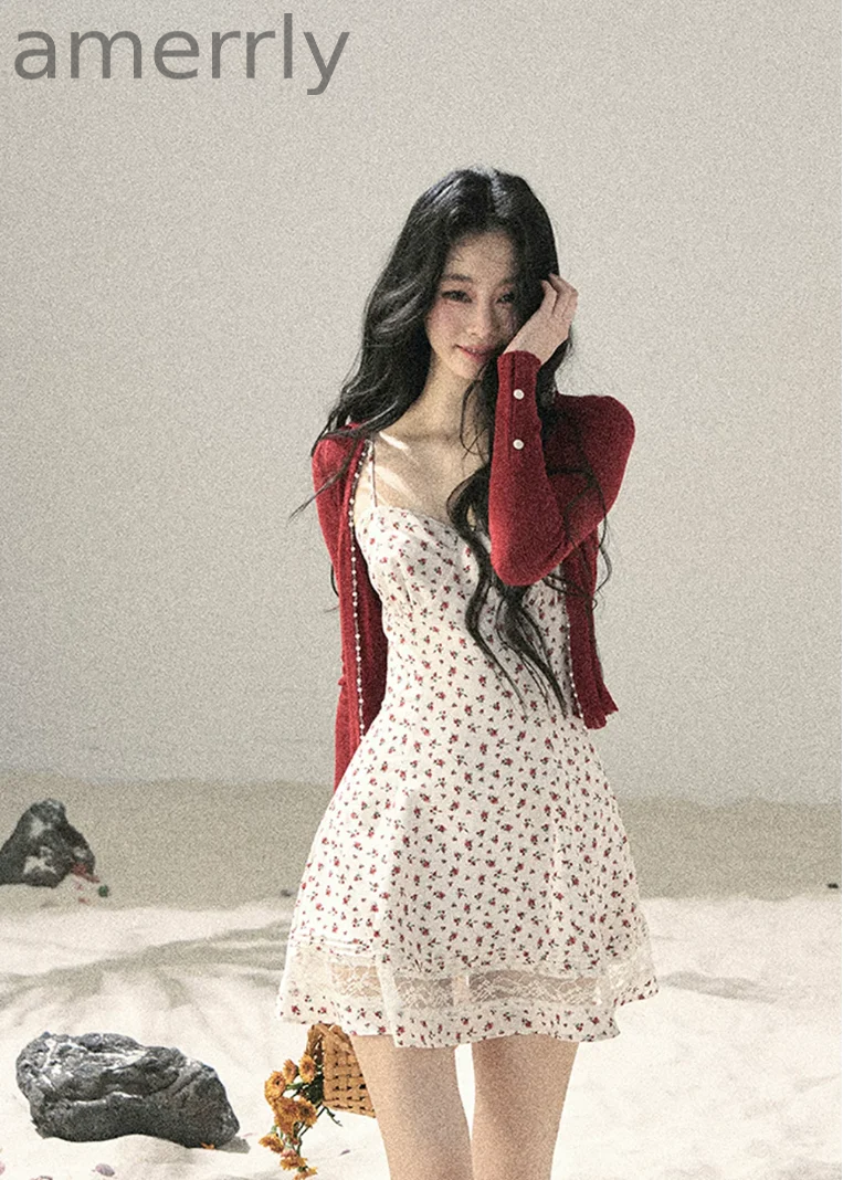 Blooming Roses Floral Slip Dress & Cardigan Set