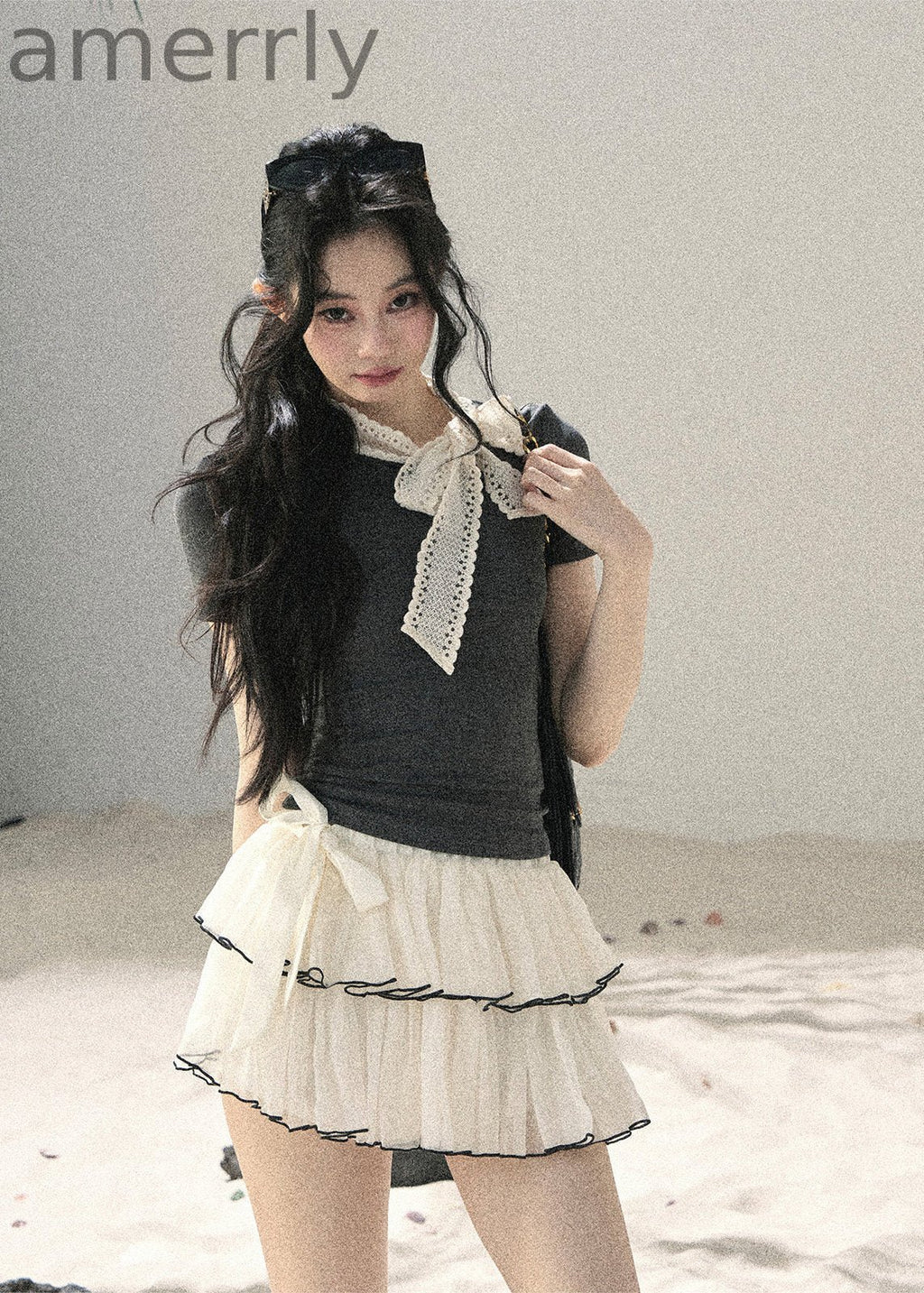 Gray Shadow Lace Bow Fitted T-Shirt