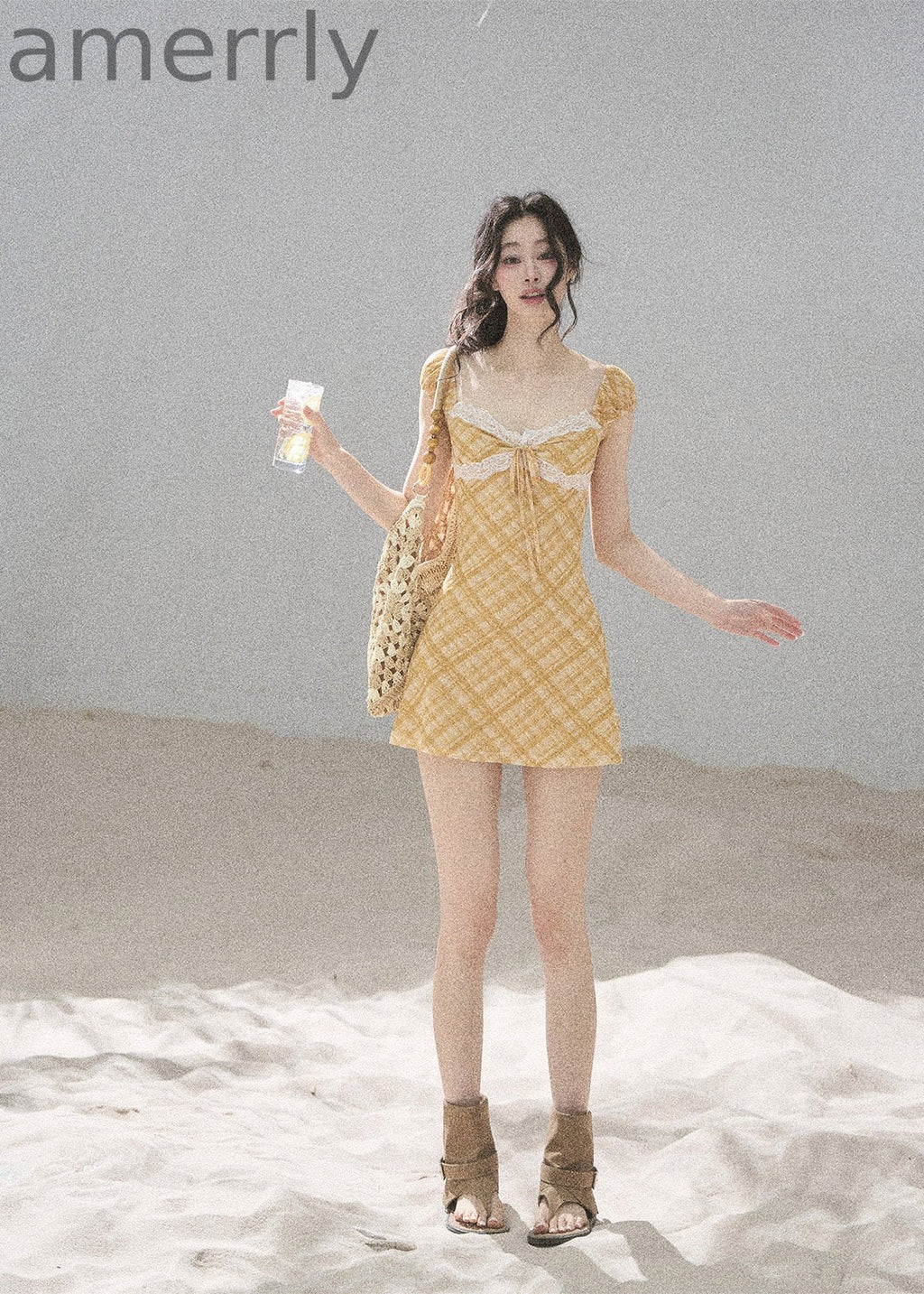 Golden Wheat Lace-Trim Mini Dress