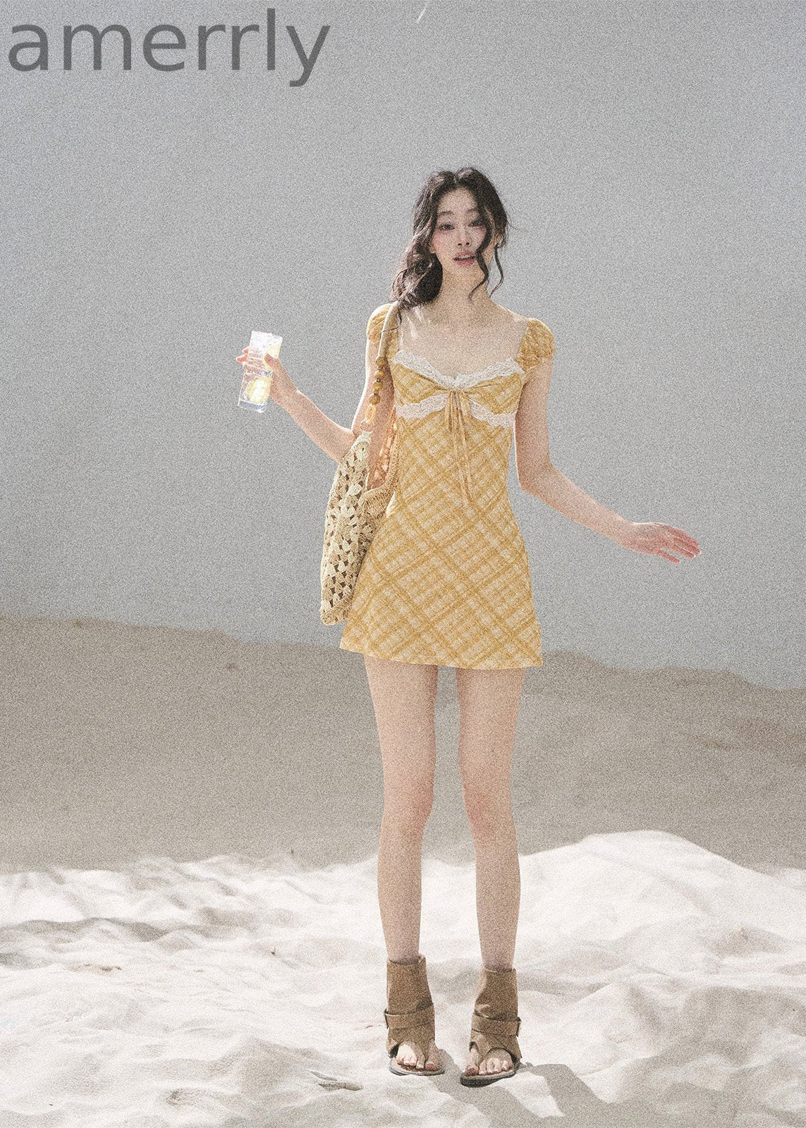Golden Wheat Lace-Trim Mini Dress