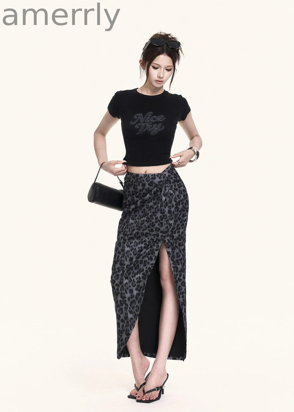 Leopard Slit Skirt & Crop Tee Set