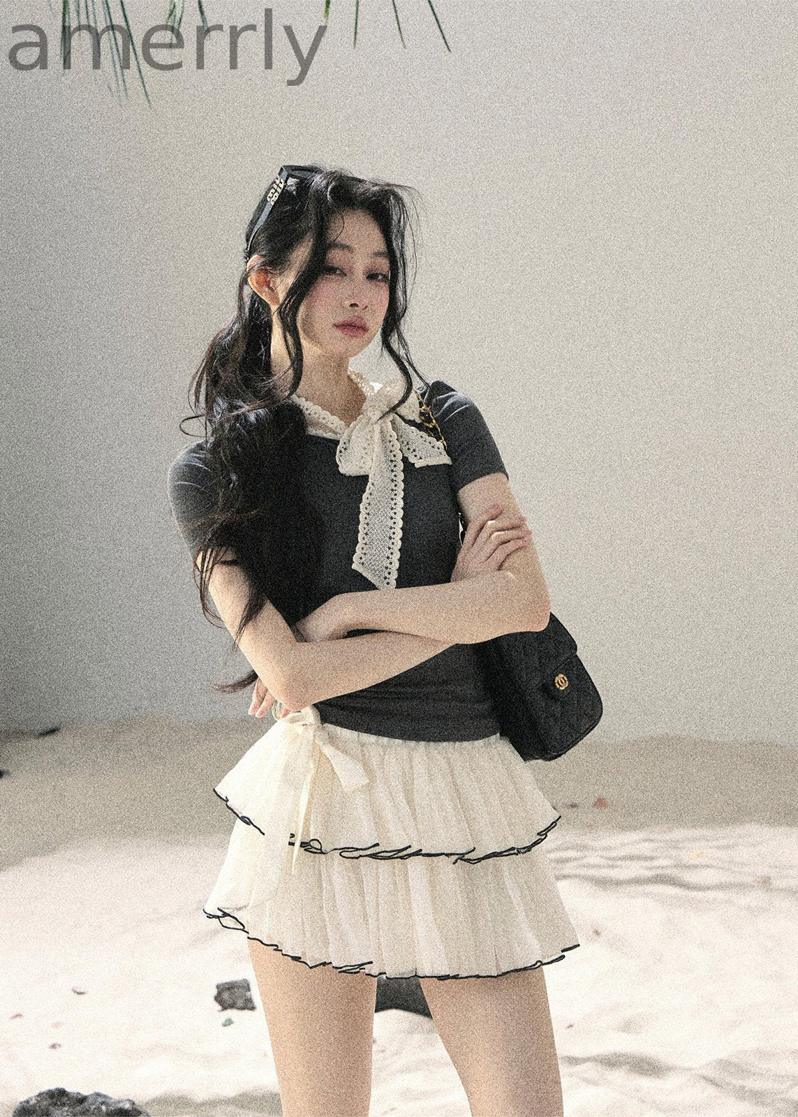 Gray Shadow Lace Bow Fitted T-Shirt