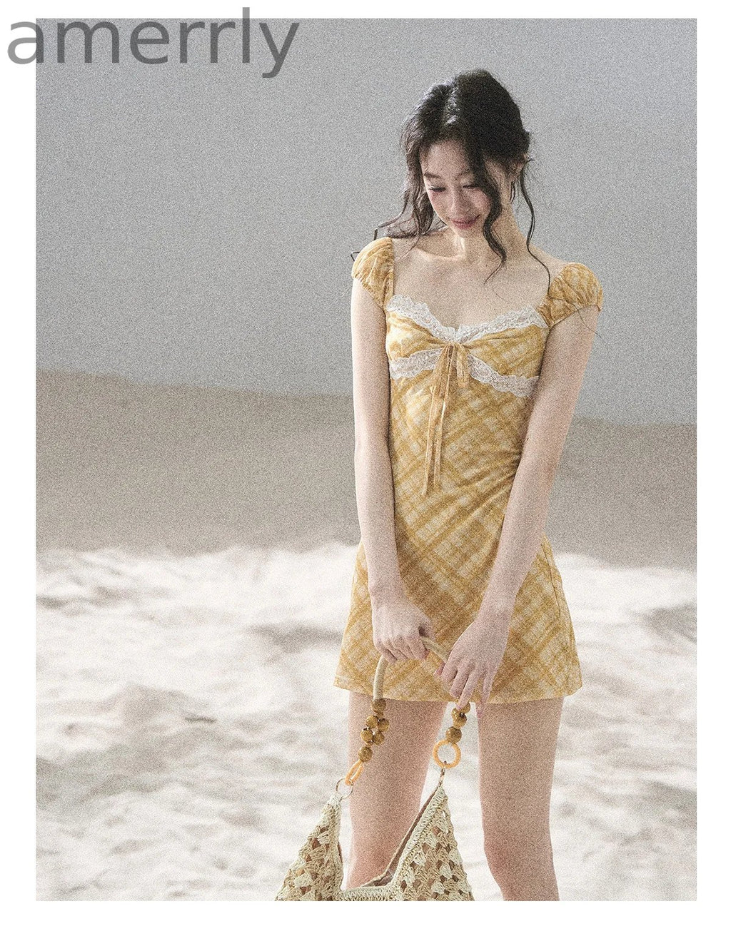 Golden Wheat Lace-Trim Mini Dress
