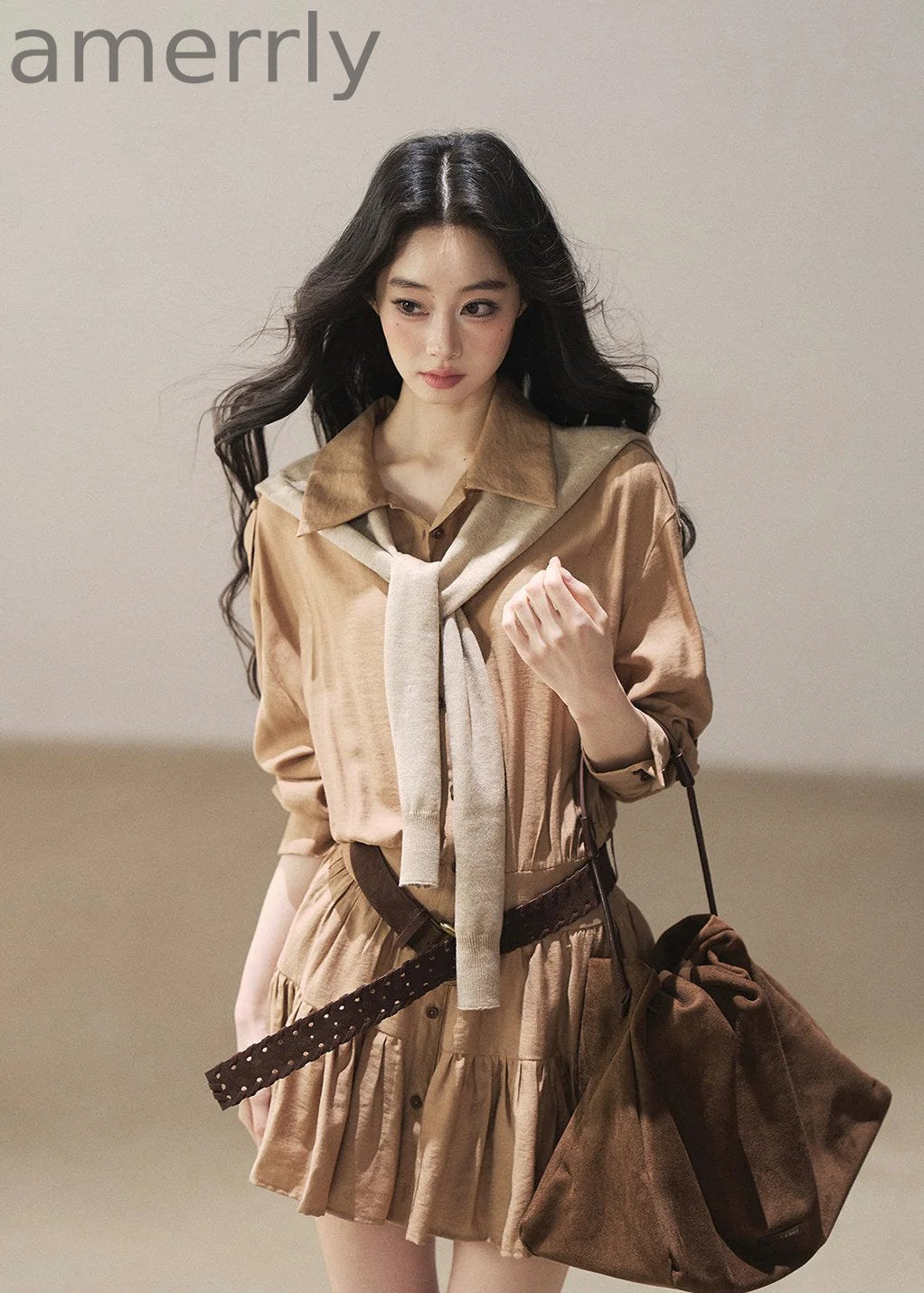 Golden Wheat Lapel Dress Set