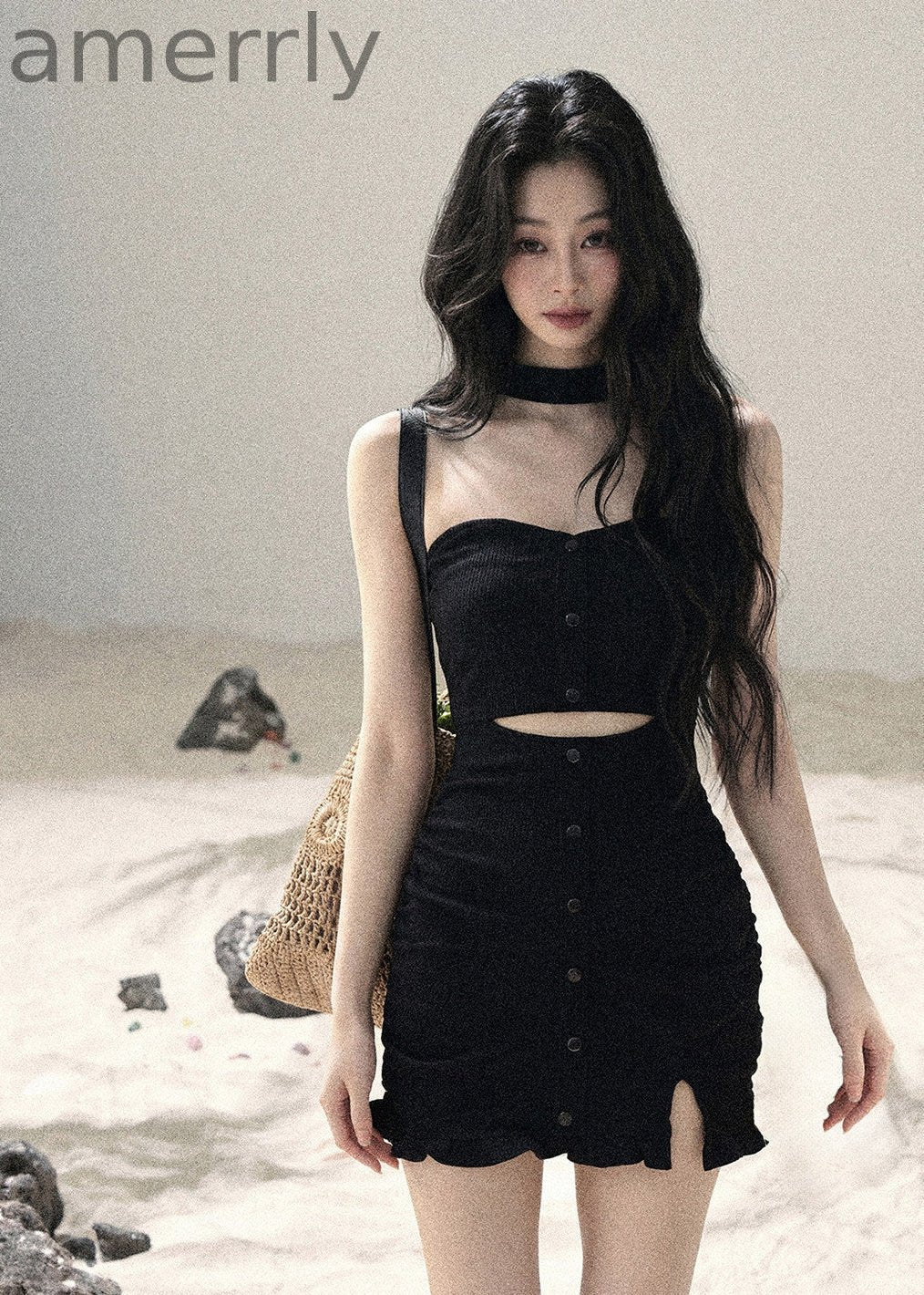Light & Shadow Halter Cutout Knit Mini Dress
