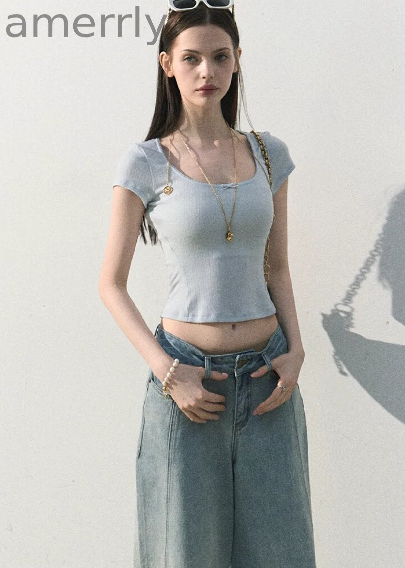 Iced Mint Lace-Trim U-Neck Top