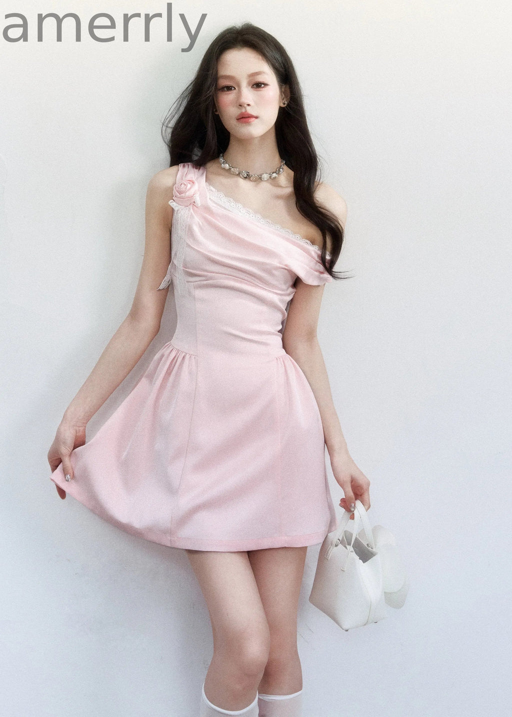 Rose Whisper Satin One-Shoulder Dress