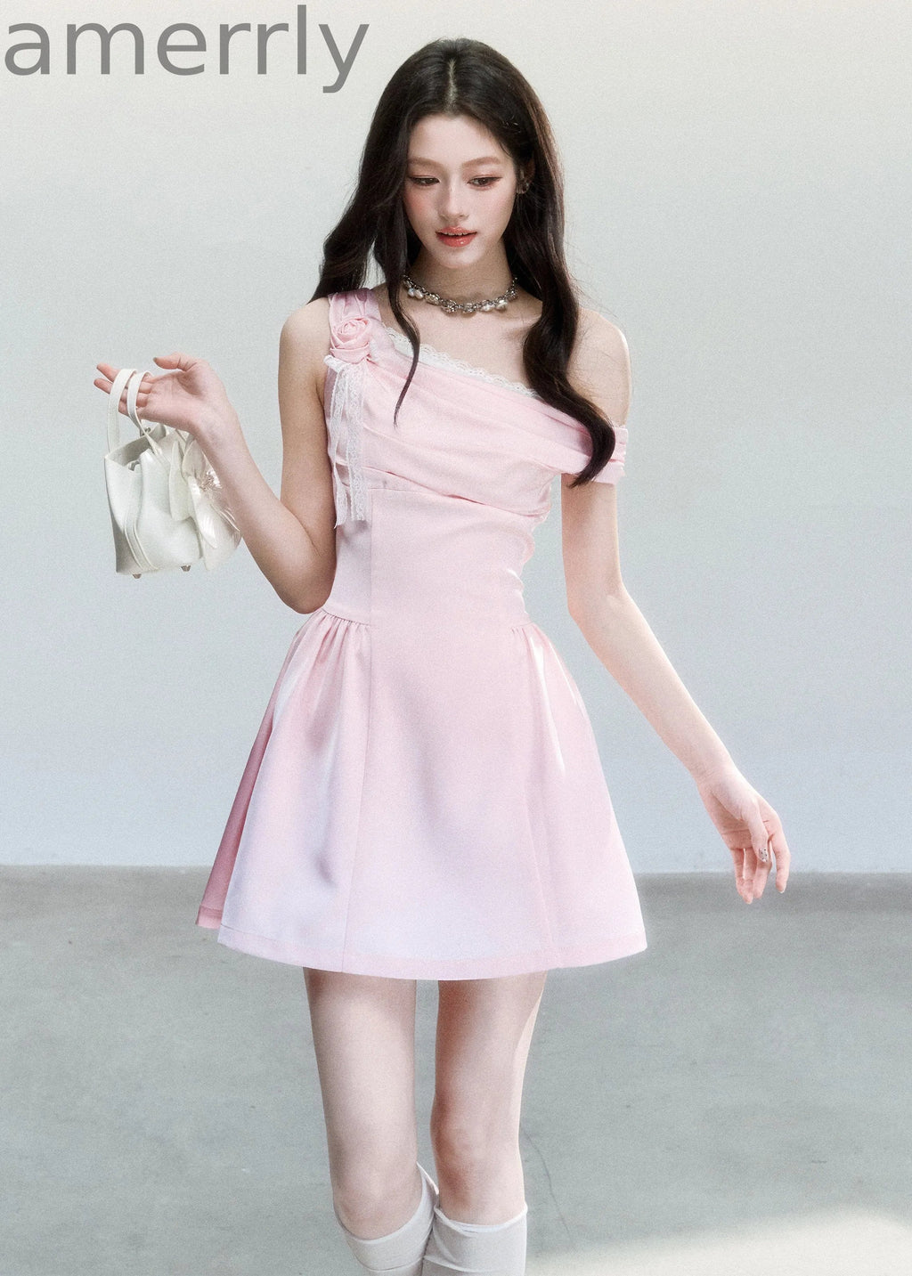 Rose Whisper Satin One-Shoulder Dress