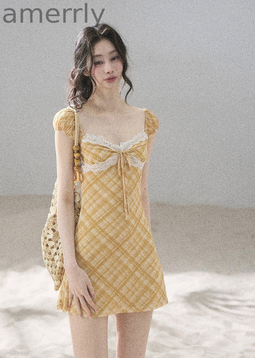 Golden Wheat Lace-Trim Mini Dress