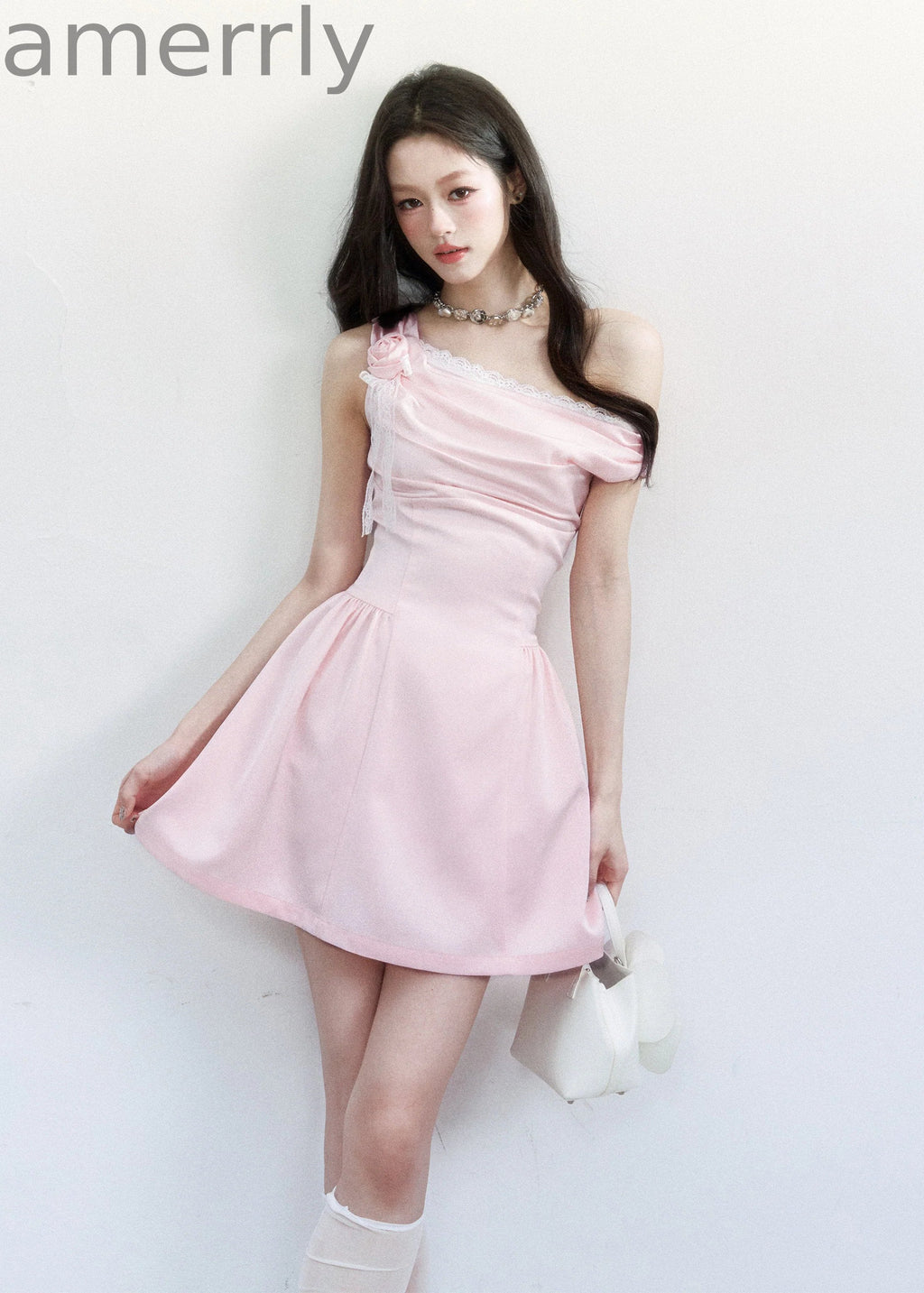 Rose Whisper Satin One-Shoulder Dress