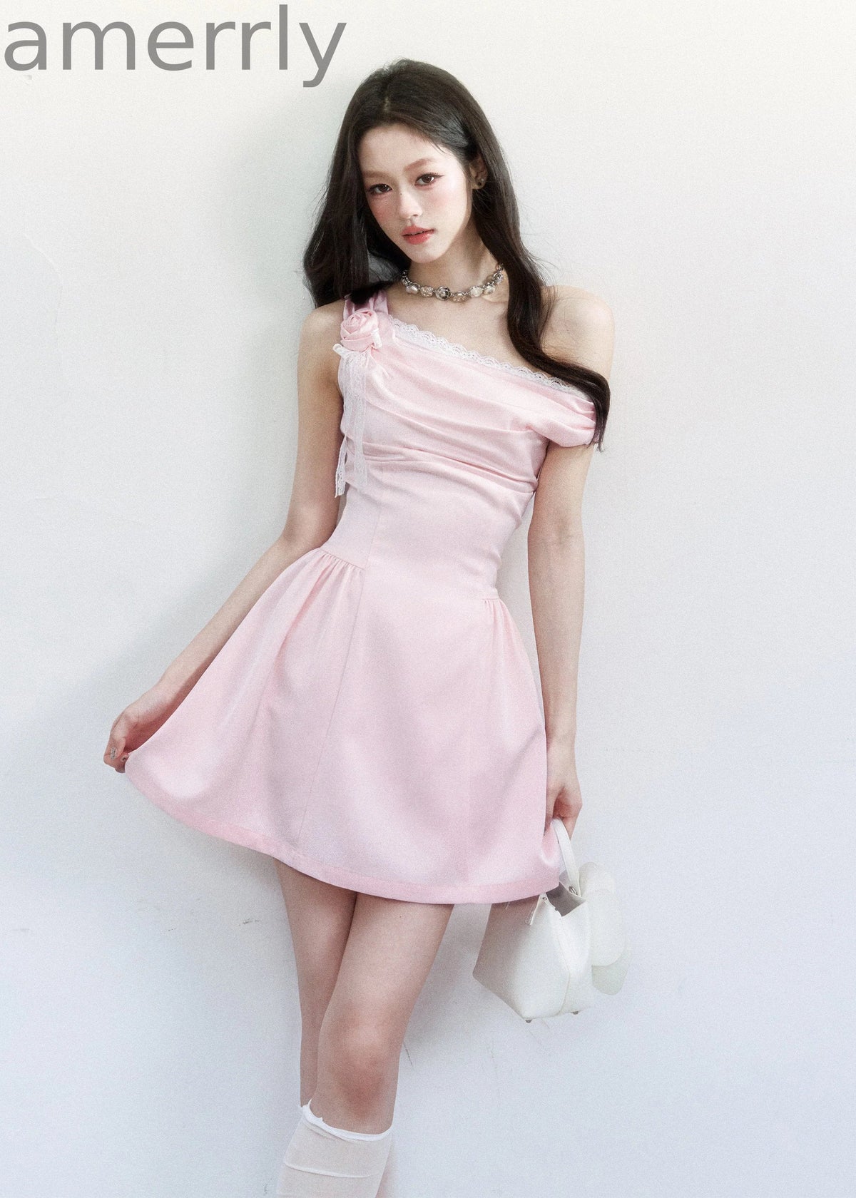 Rose Whisper Satin One-Shoulder Dress