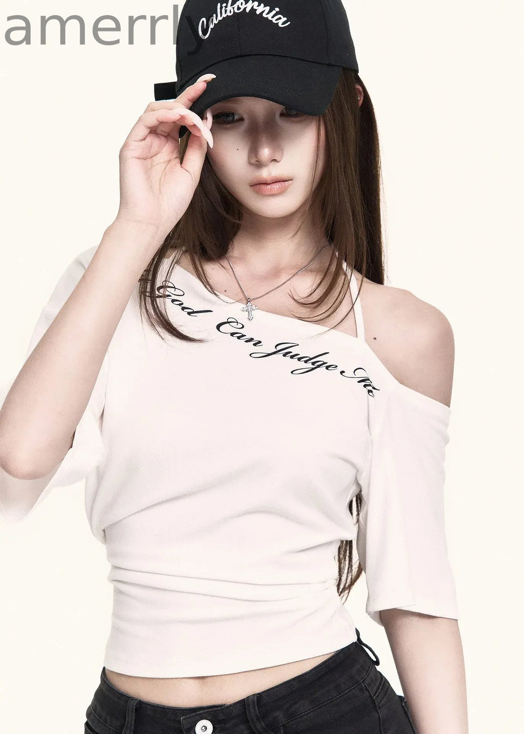 Cross-Shoulder Script Crop Top